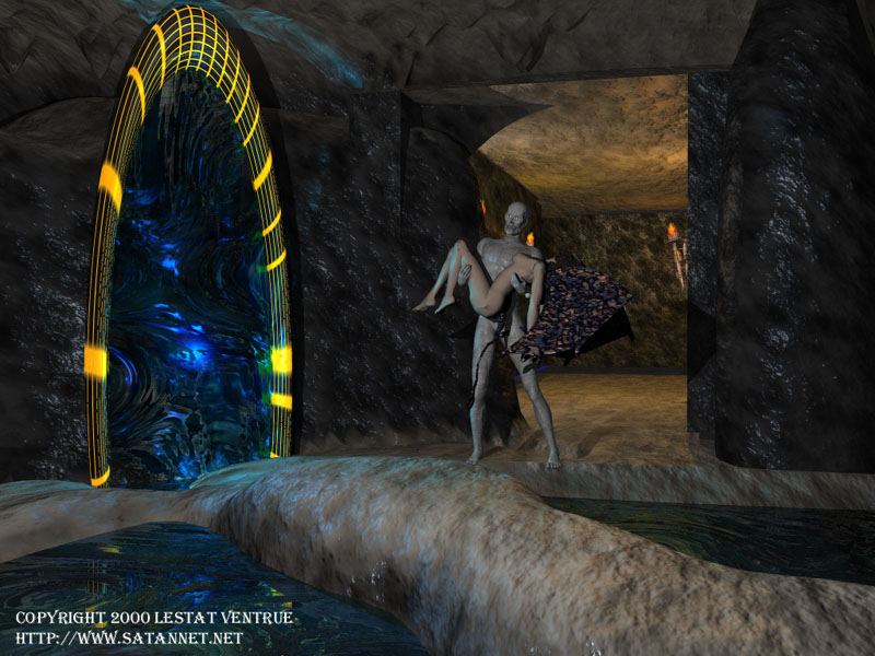 Digital art showing a winged figure and a glowing portal inside a cavern