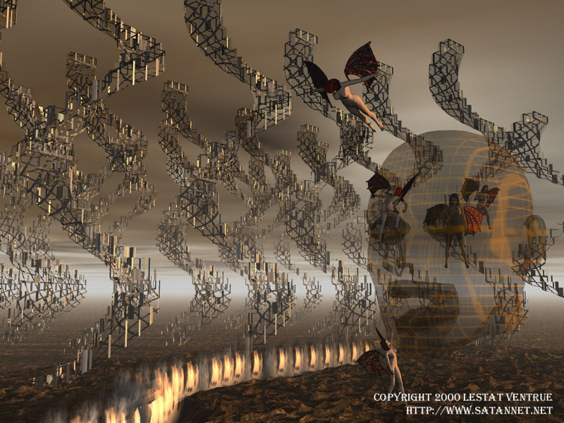 Digital art showing a surreal architectural landscape of repeating forms