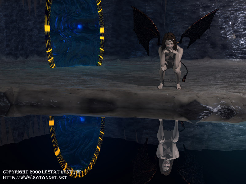 Digital art showing a solitary winged figure reflected before a blue portal