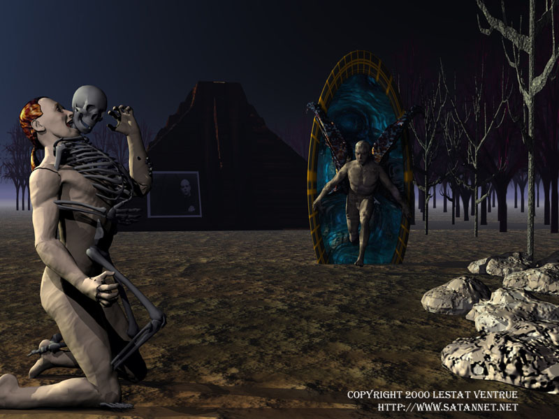 Digital art showing a figure collecting objects in a dark landscape