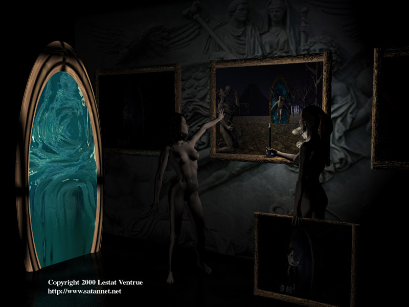 Digital art showing figures and portals inside a dark gallery