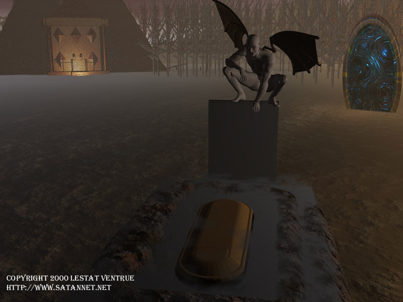 Digital art showing a dark graveyard with a winged figure and portal