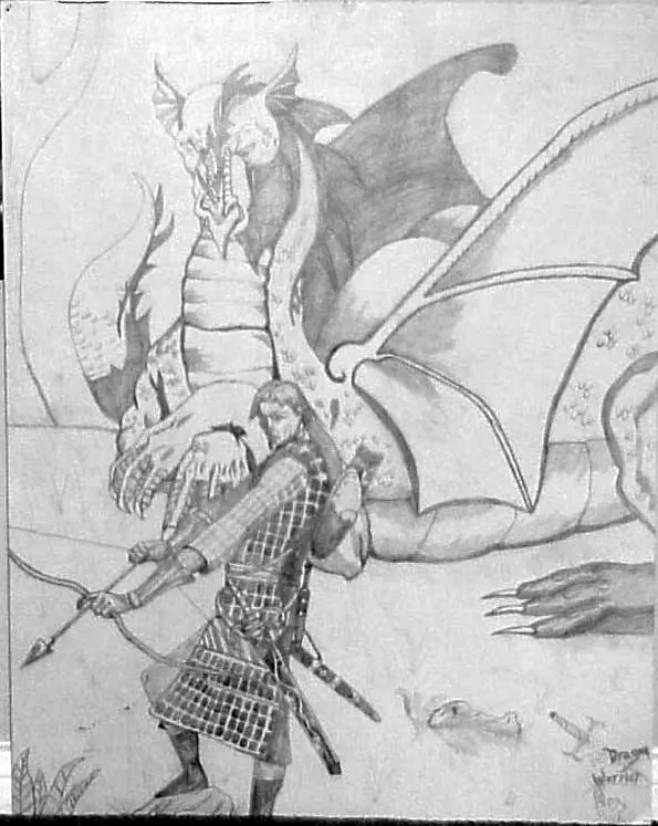 Graphite fantasy drawing of a warrior facing dragons