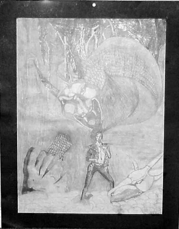 Graphite fantasy drawing of a figure surrounded by creatures