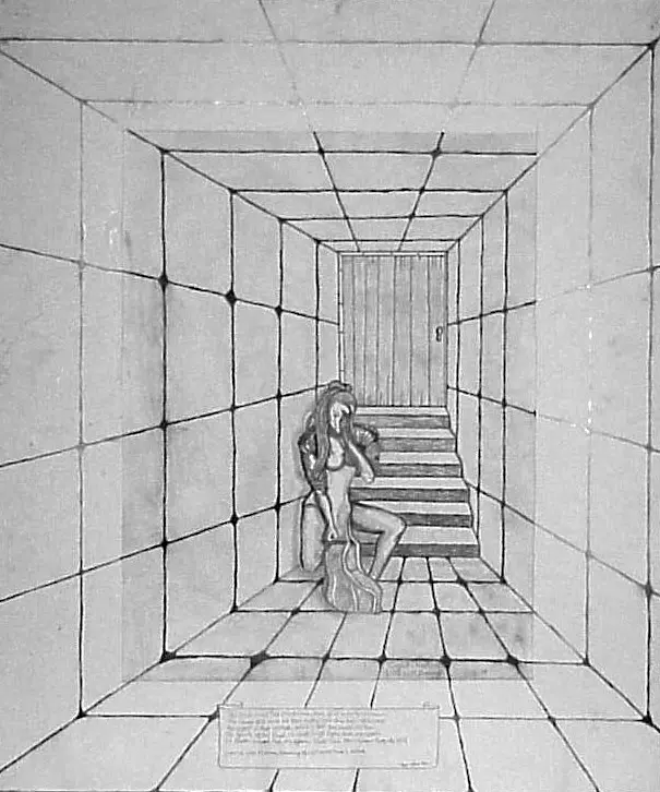 Graphite drawing of a solitary figure in a long corridor