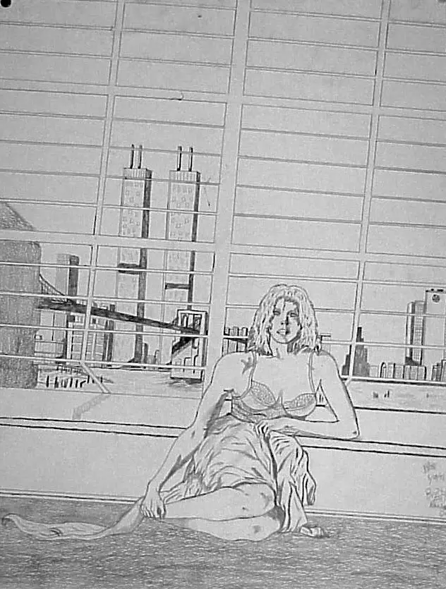 Graphite drawing of a woman seated before a city skyline