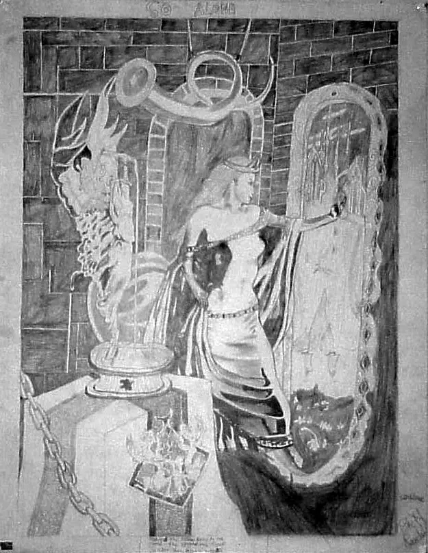 Graphite gothic interior scene with a woman and sculptural forms