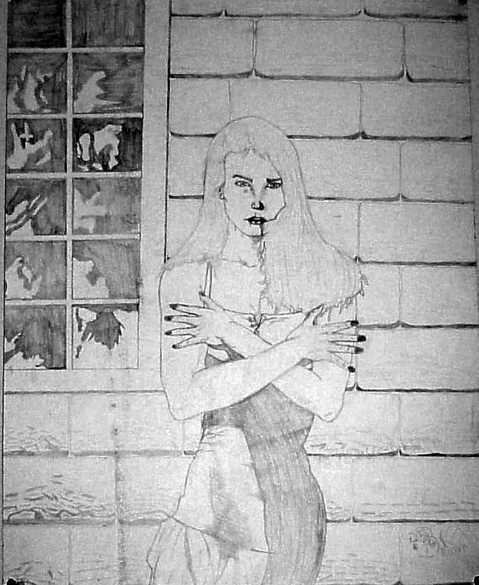 Graphite figure study against a stone wall and window
