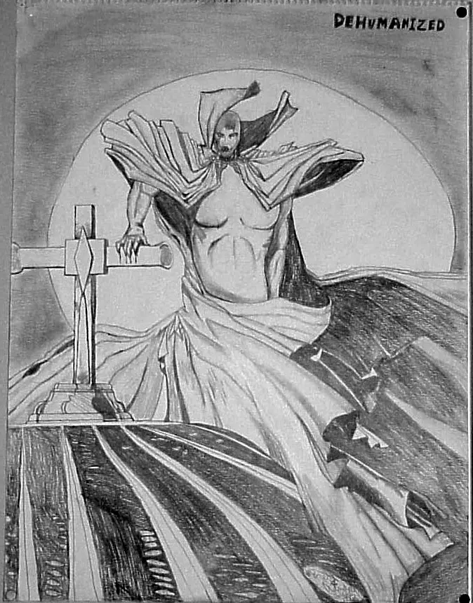 Graphite surreal figure drawing titled Dehumanized