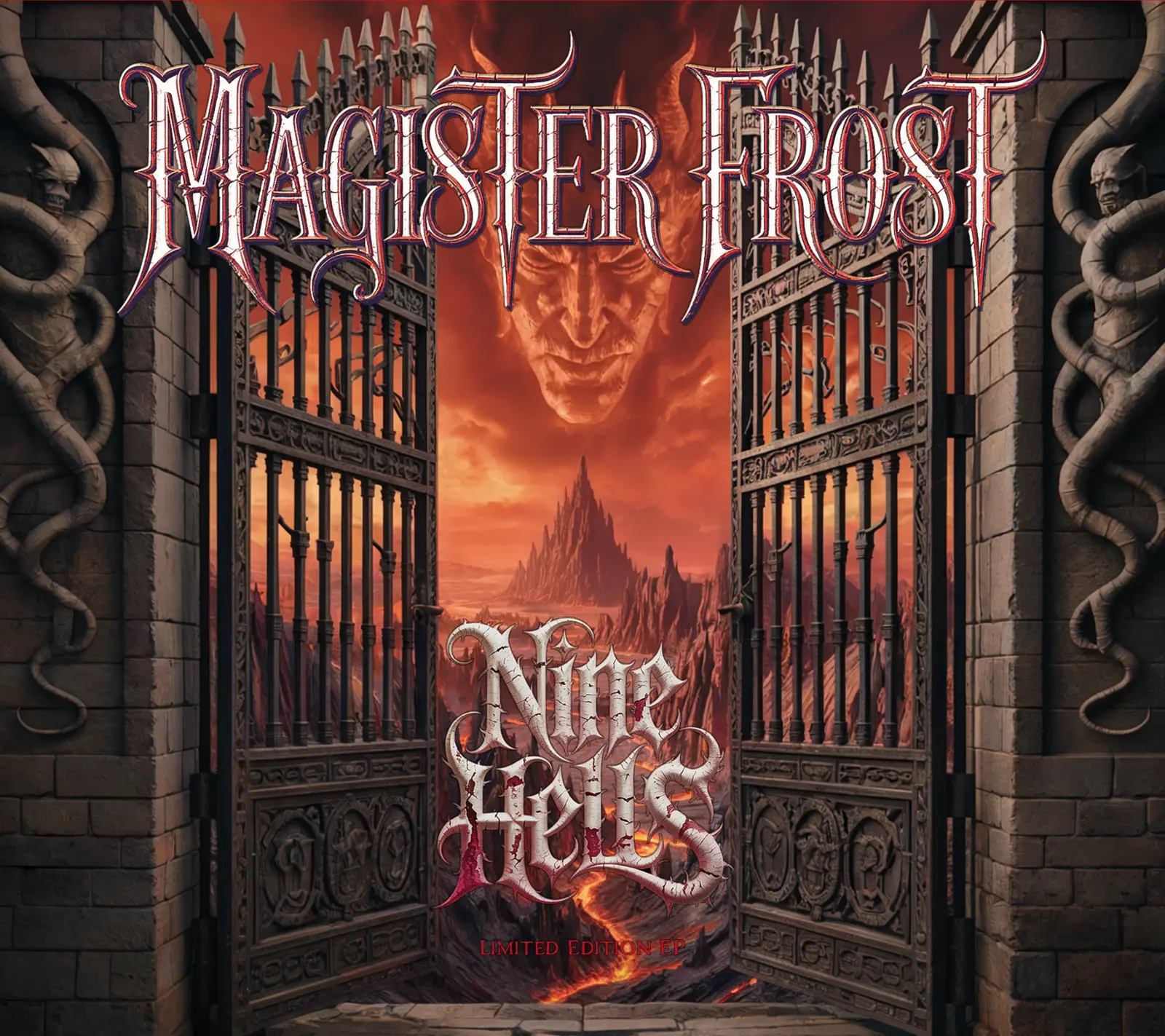 Nine Hells Limited Edition EP cover by Magister Frost: the gates of Hell standing open
